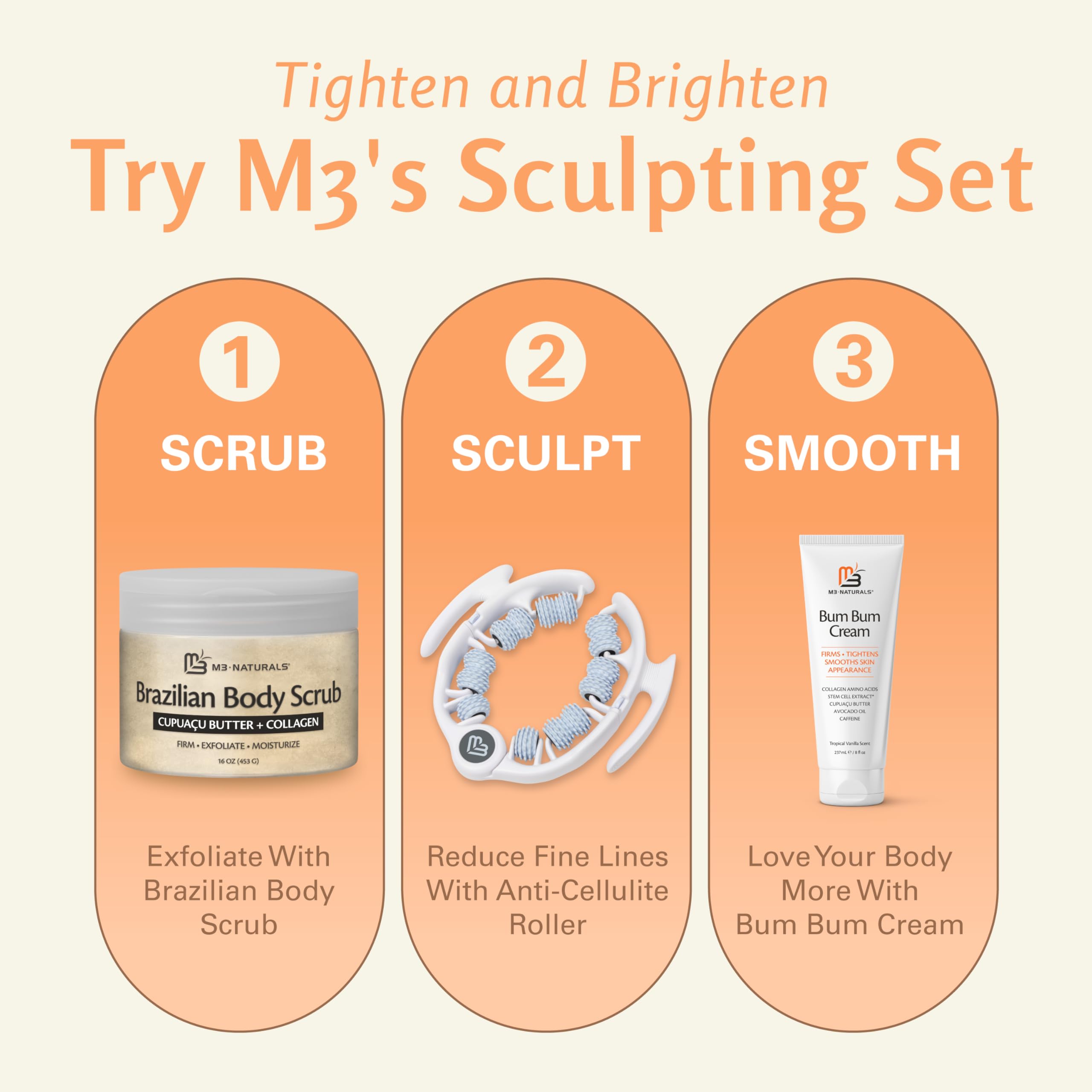 M3 Naturals Brazilian body scrub cream texture close-up ideal for gentle exfoliation.