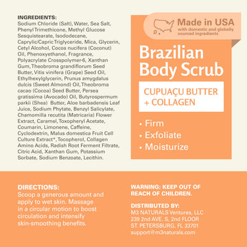 M3 Naturals Brazilian body scrub luxe exfoliation close-up for pampering skin care.