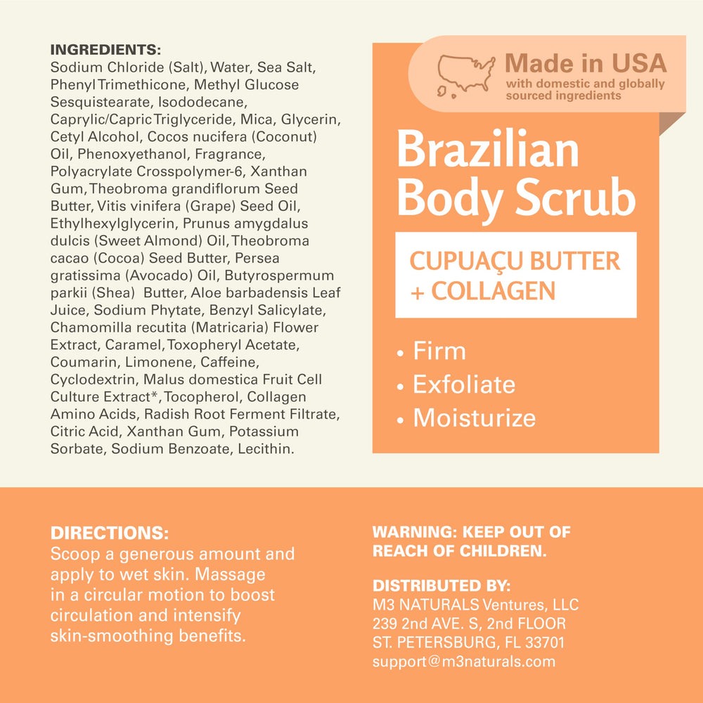M3 Naturals Brazilian body scrub luxe exfoliation close-up for pampering skin care.