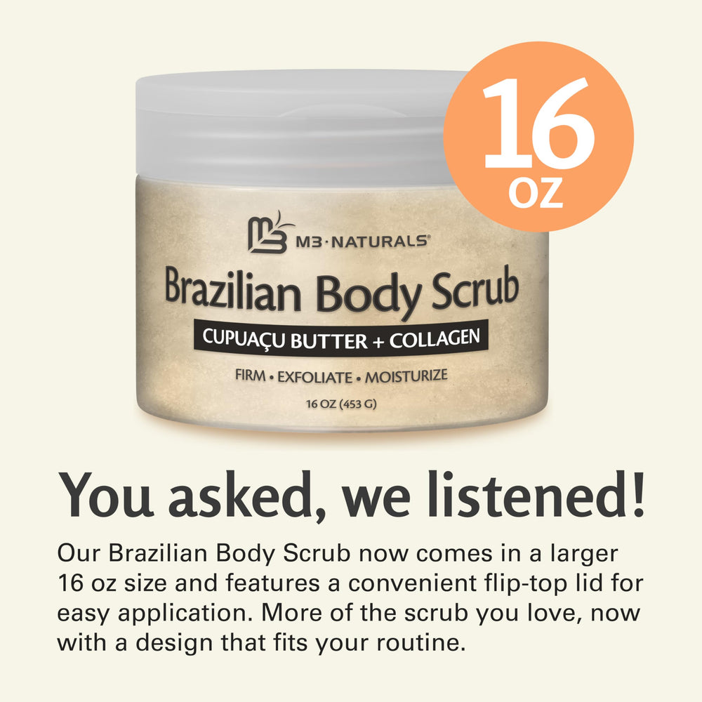 M3 Naturals Brazilian body scrub packaging shot highlighting vegan formula.