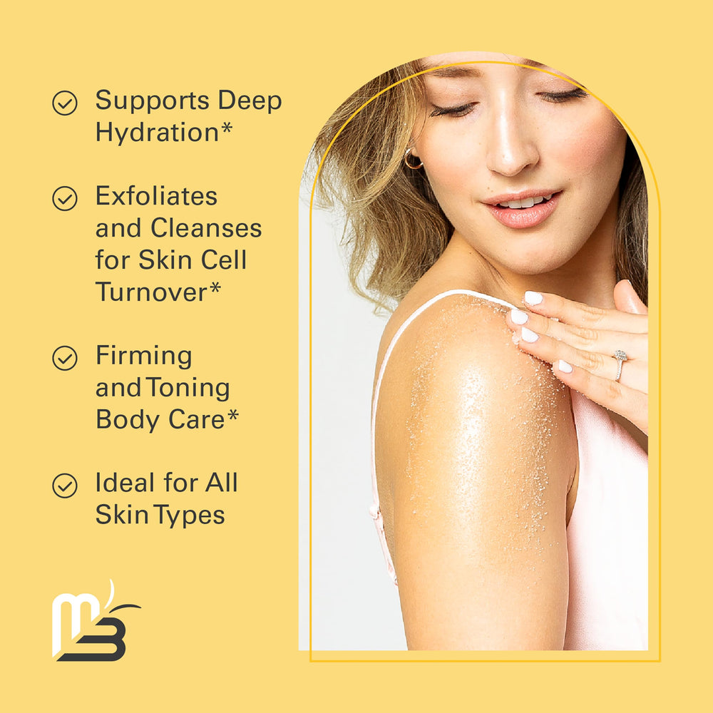 Exfoliant pour corps M3 Naturals, riche en collagène et huiles coco et jojoba, peau nourrie.