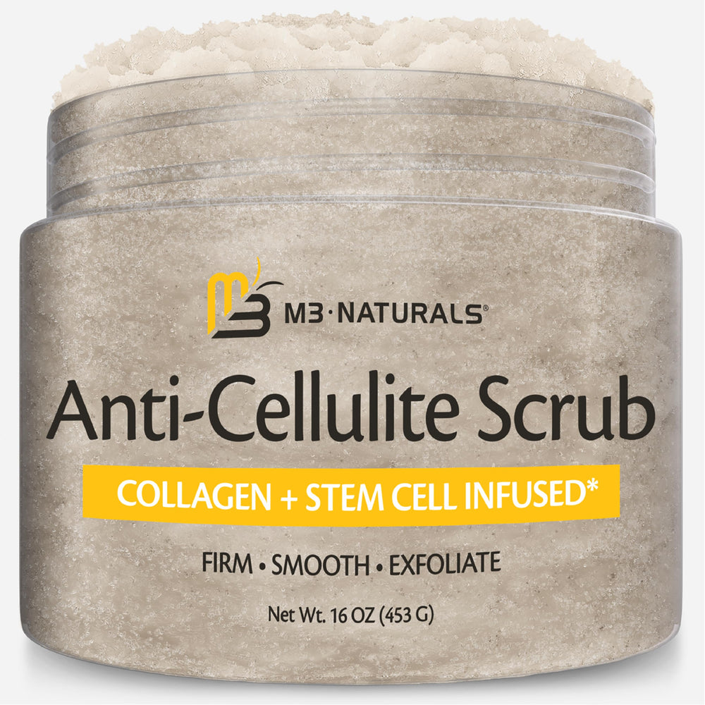 Gommage anti-cellulite M3 Naturals pour le corps, exfolie et laisse la peau plus lisse.
