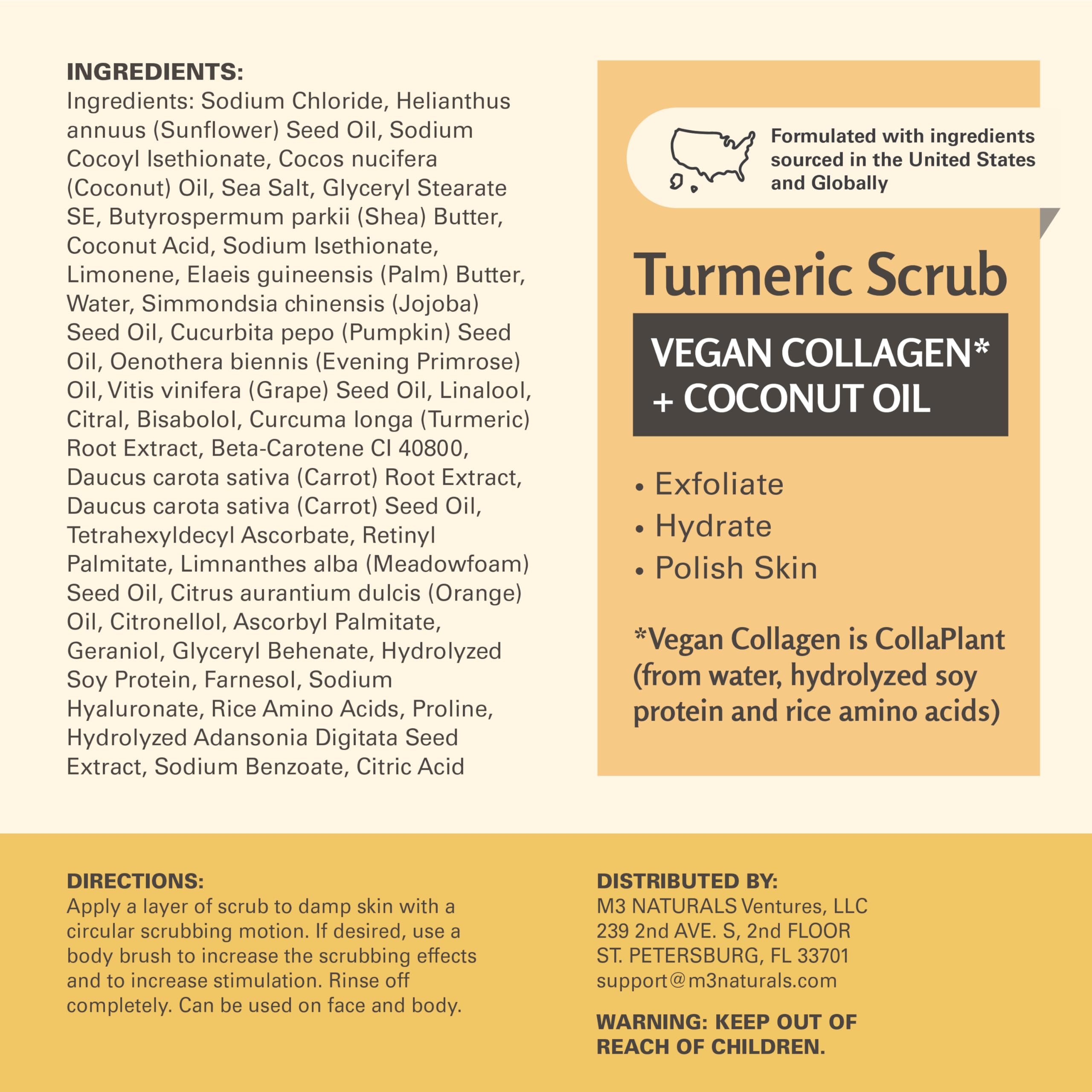 M3 Naturals turmeric scrub packaging display highlights 16 oz jar
