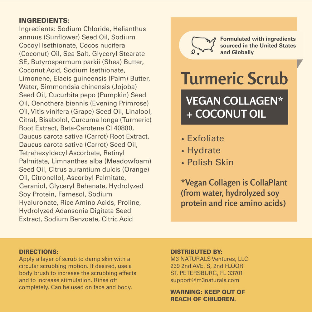 M3 Naturals turmeric scrub packaging display highlights 16 oz jar