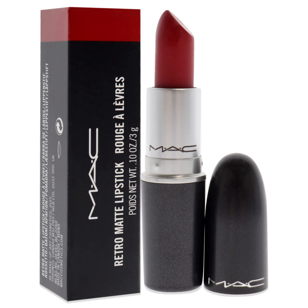 MAC Retro Matte Lipstick Rub Ruby Woo, acabado mate duradero para el día.