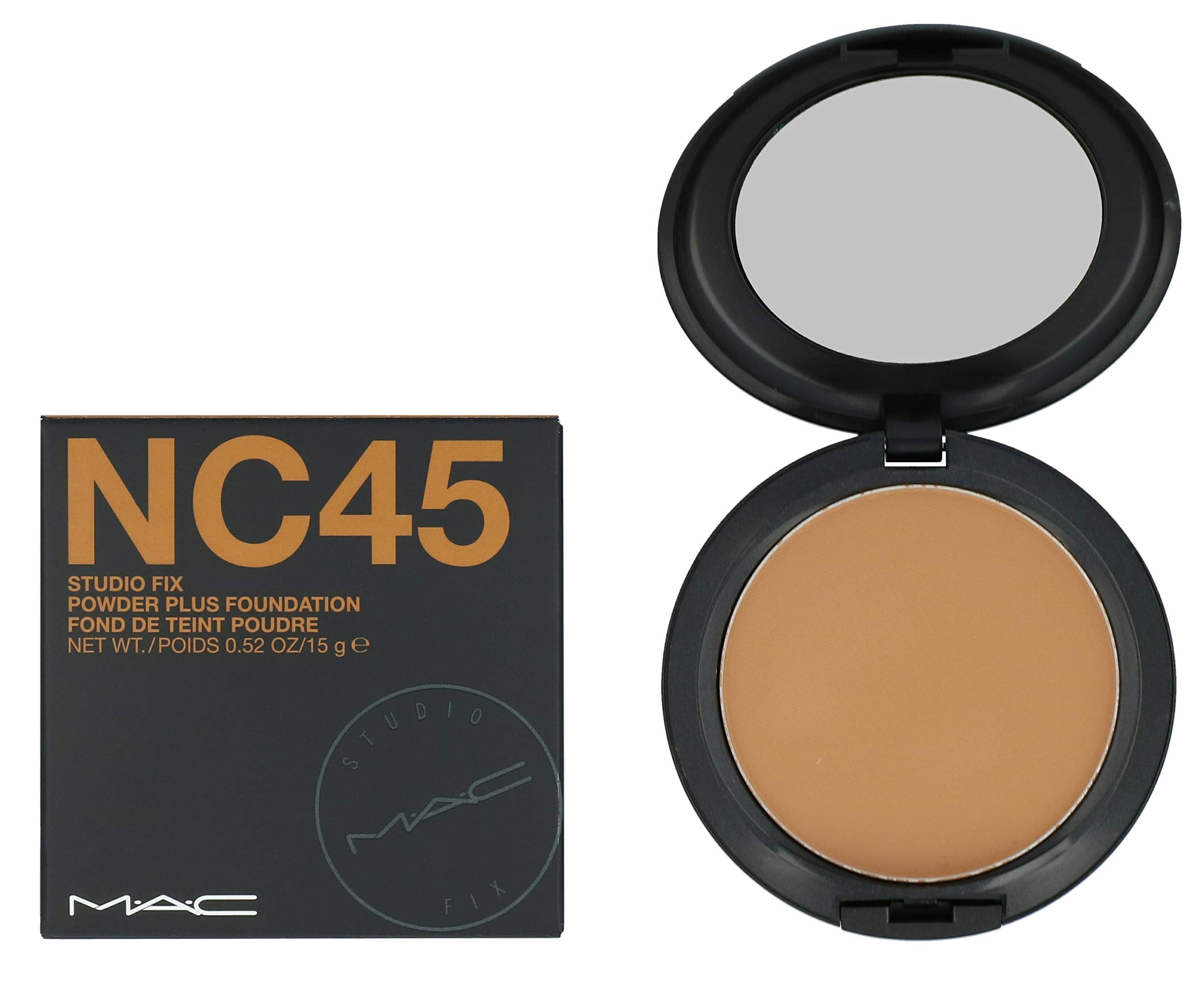 MAC Studio Fix Powder Plus Foundation NC45 15 g, envase compacto para acabado mate durante todo el día.