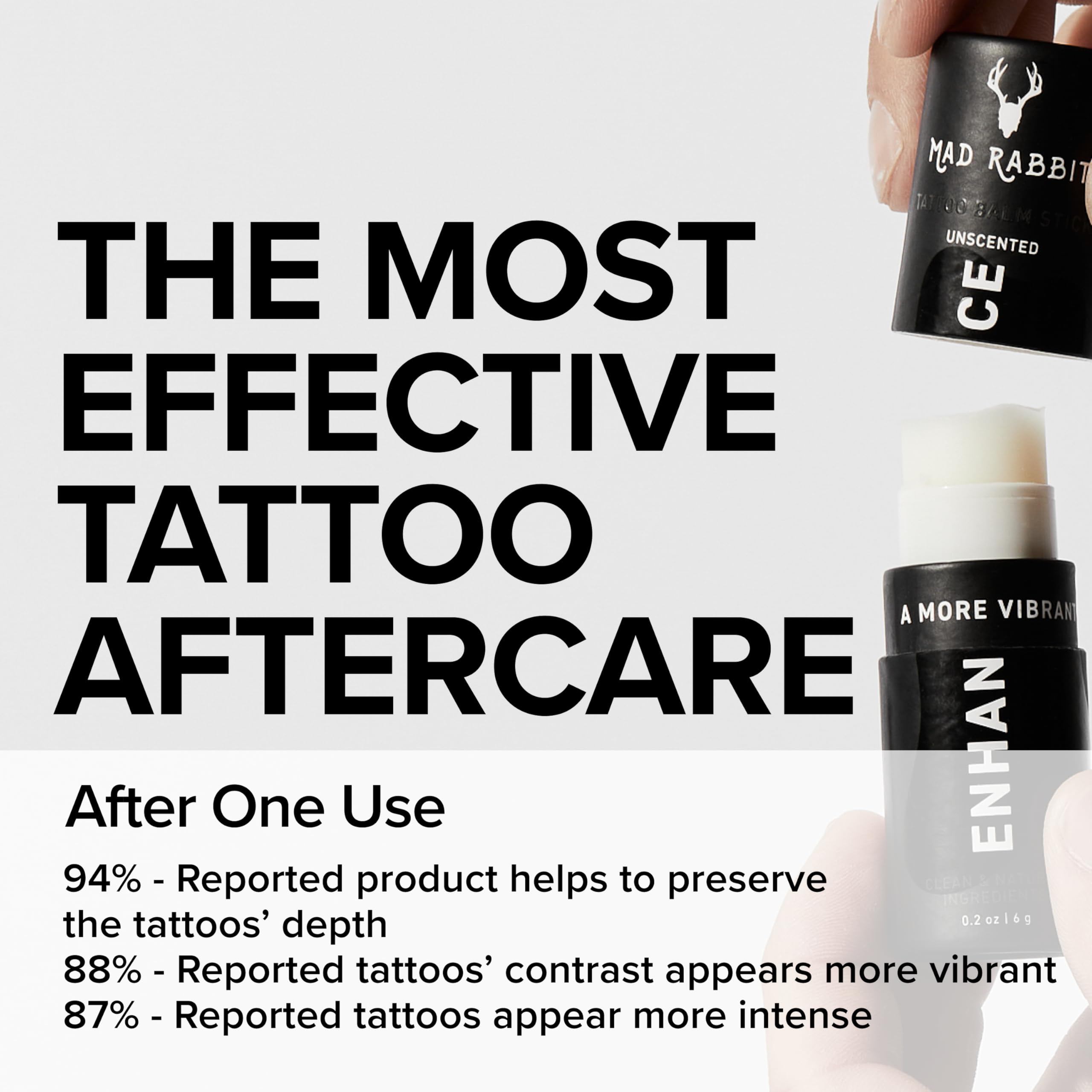 Mad Rabbit Enhance bálsamo para tatuajes, uso sencillo sobre áreas tatuadas.
