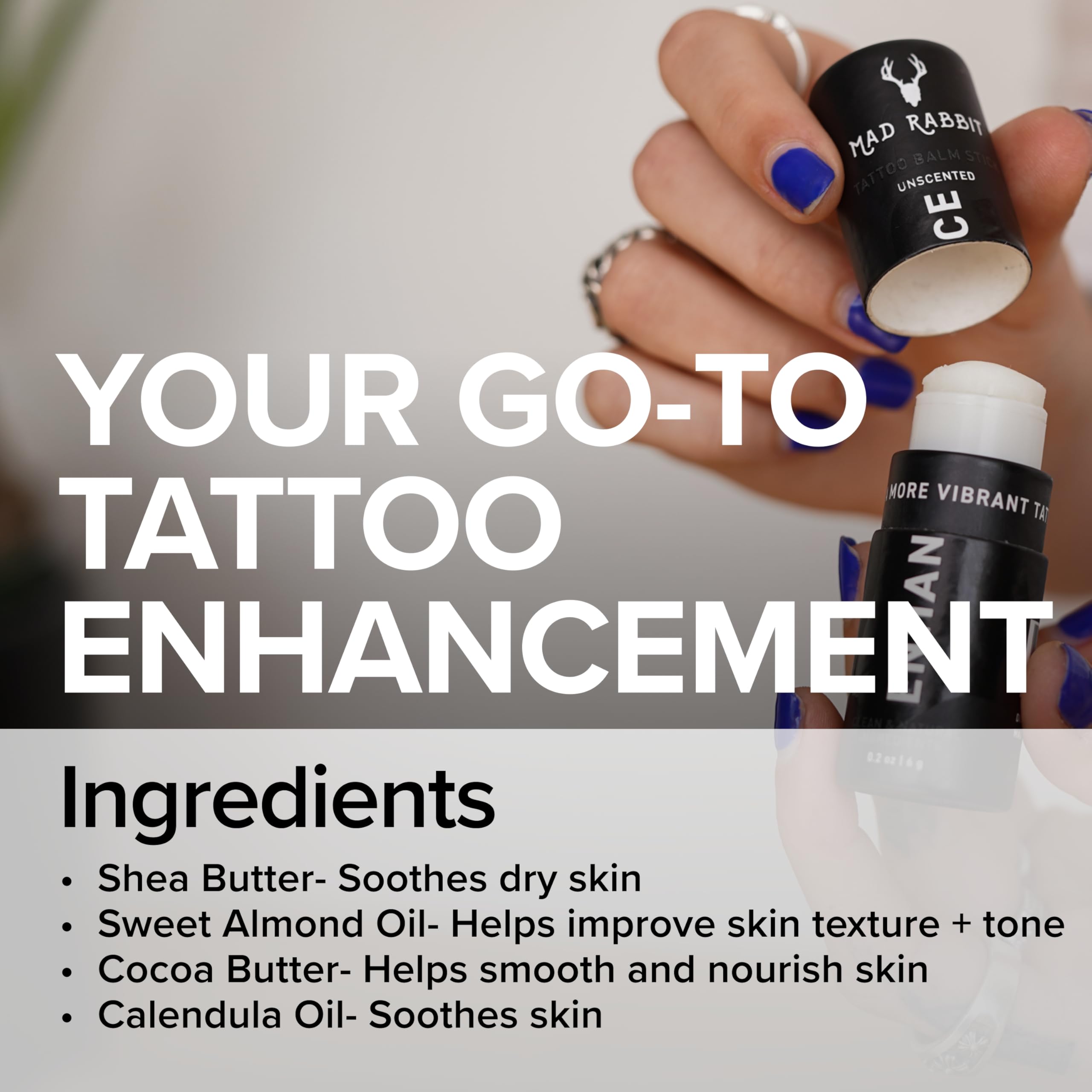 Mad Rabbit Enhance bálsamo para tatuajes, aplicación suave para realzar colores.
