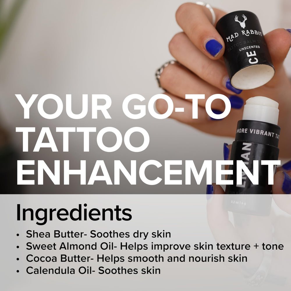 Mad Rabbit Enhance bálsamo para tatuajes, aplicación suave para realzar colores.