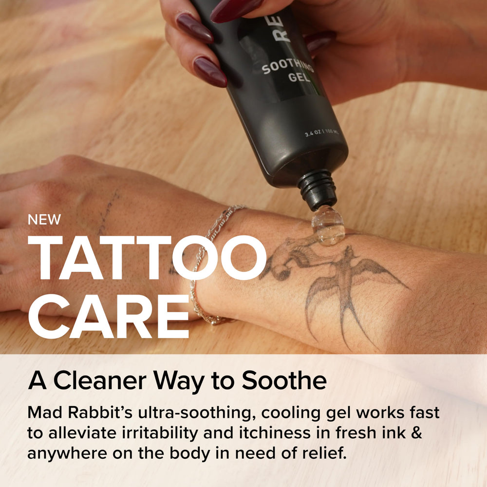 Mad Rabbit Tattoo Aftercare Gel close-up, soothing aloe and bisabolol for cooling relief