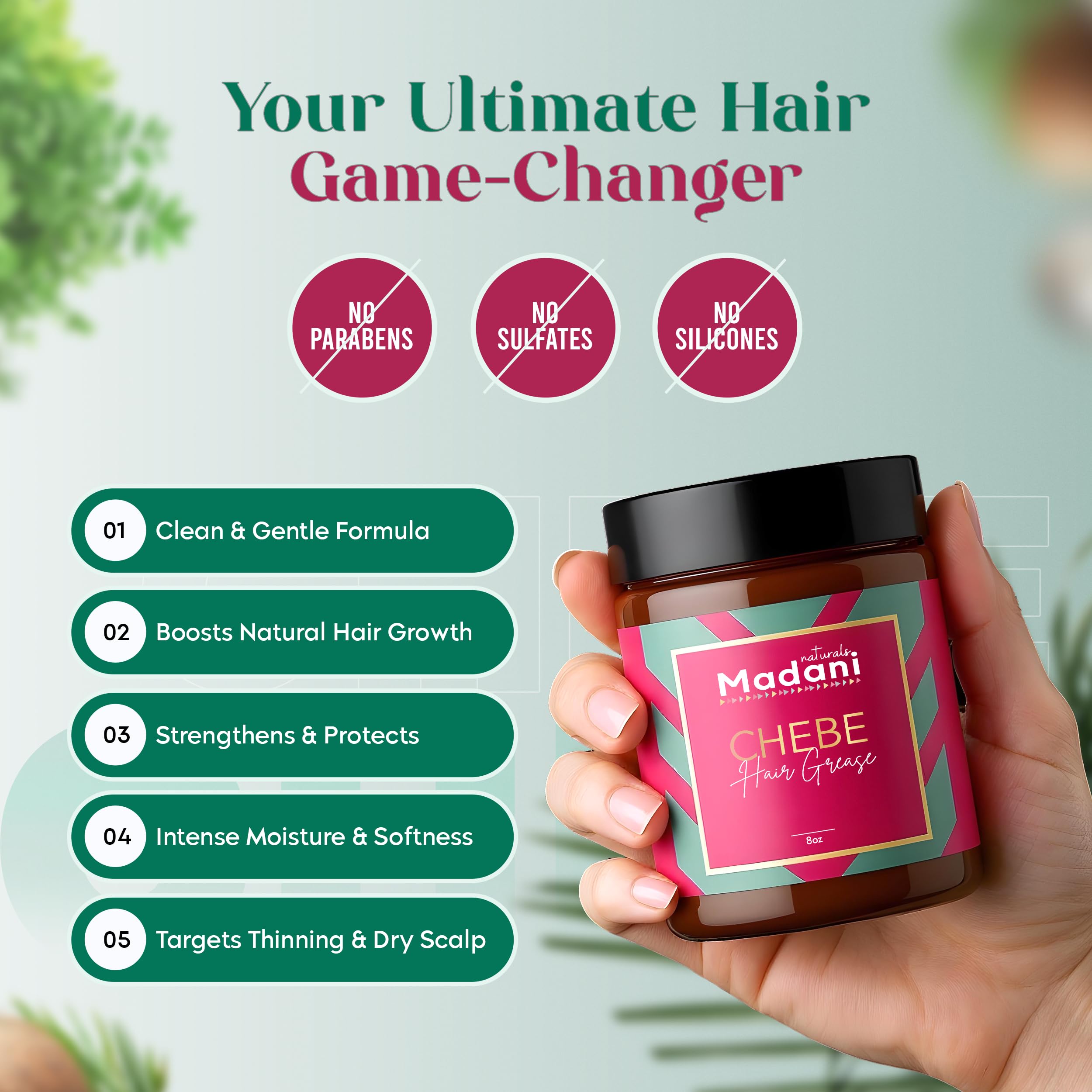 Madani Naturals Chebe Grasa: mezcla de aceites esenciales para experiencia sensorial agradable.