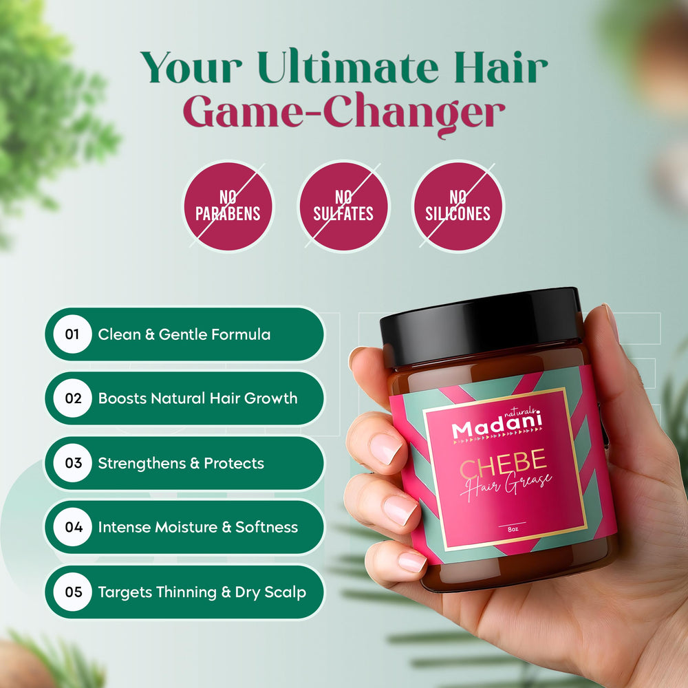 Madani Naturals Chebe Grasa: mezcla de aceites esenciales para experiencia sensorial agradable.