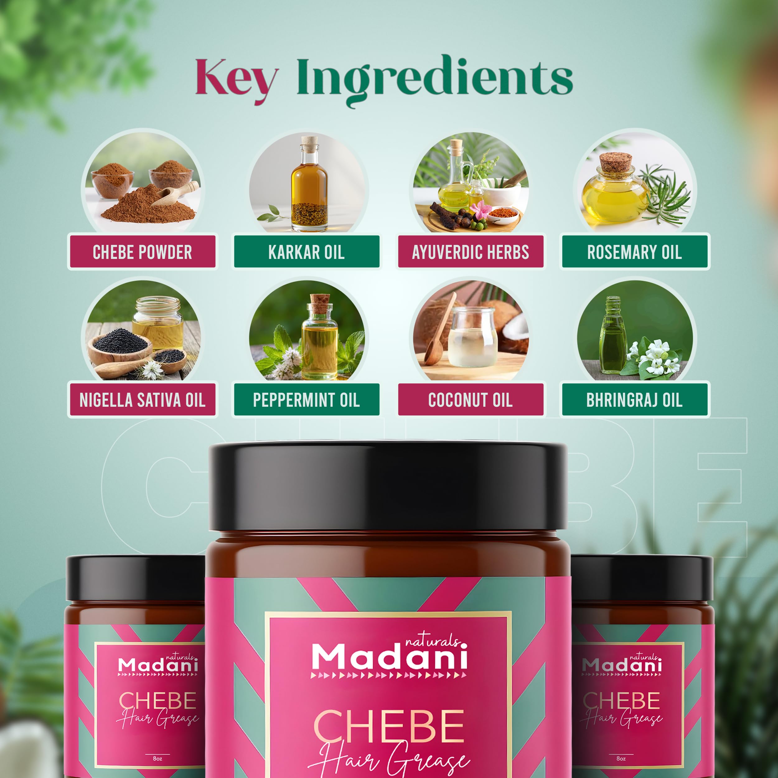 Madani Naturals Chebe Grasa: aplicación suave en cuero cabelludo para hidratación.