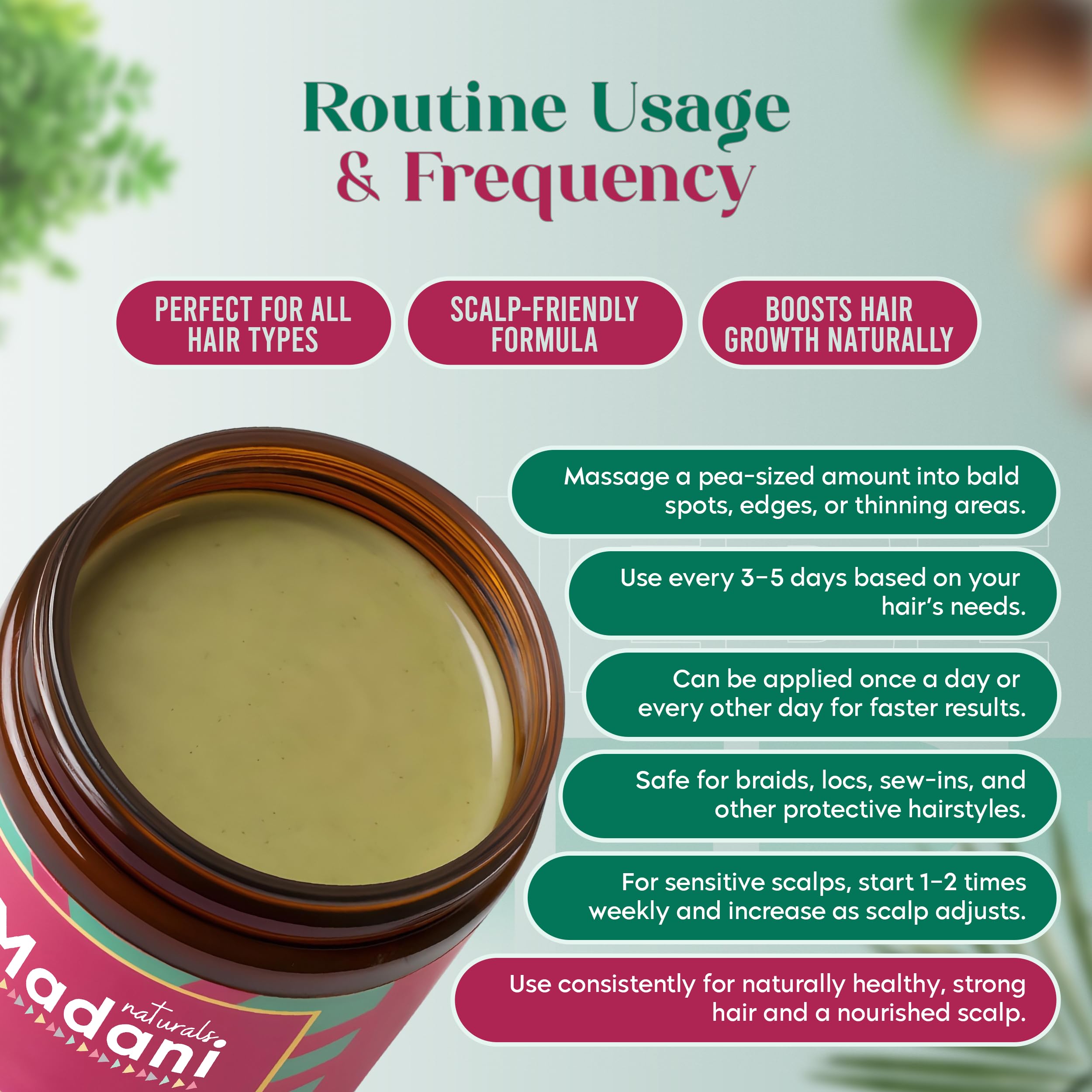 Madani Naturals Chebe Grasa: fortalecimiento de folículos con aceites aromáticos.