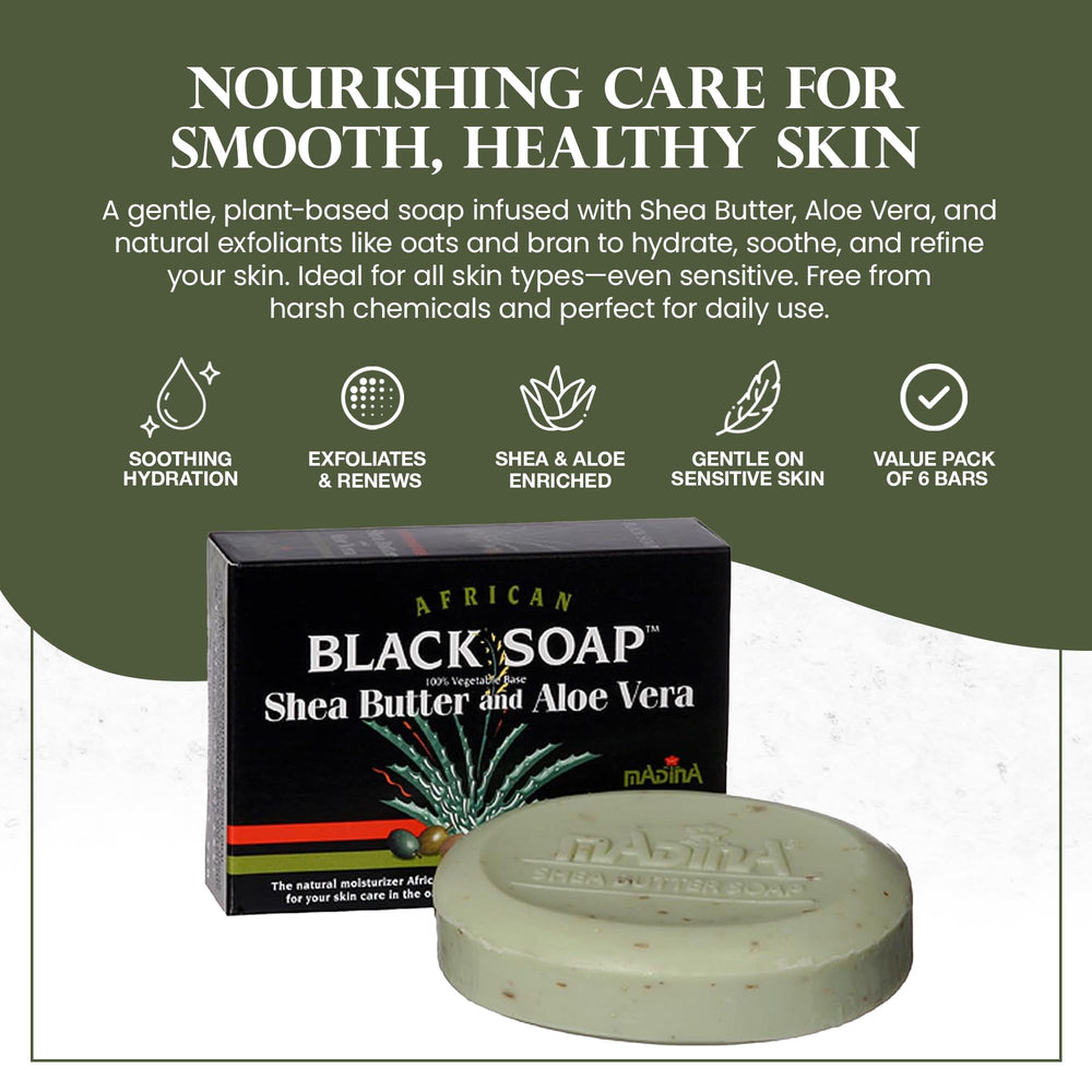 Madina jabón negro africano con aloe vera, calmante para la piel.