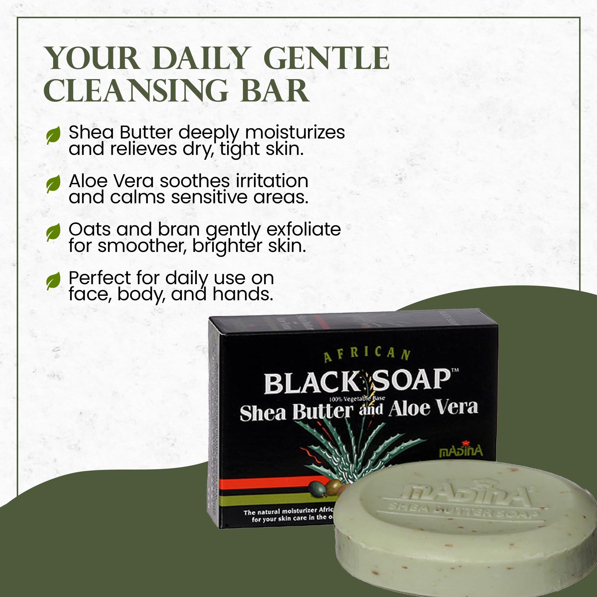 Madina jabón negro africano exfoliante suave con avena y salvado para renovación.