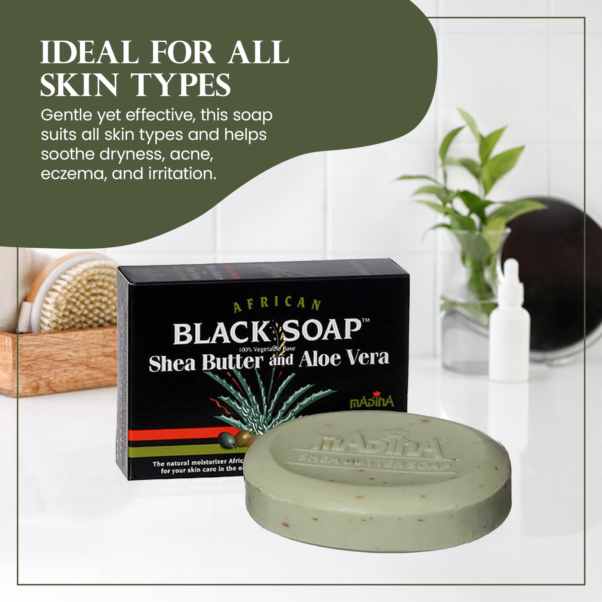 Madina jabón negro africano para rostro y cuerpo, uso diario recomendado.