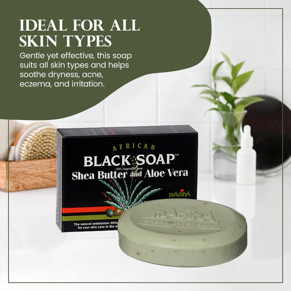 Madina jabón negro africano para rostro y cuerpo, uso diario recomendado.