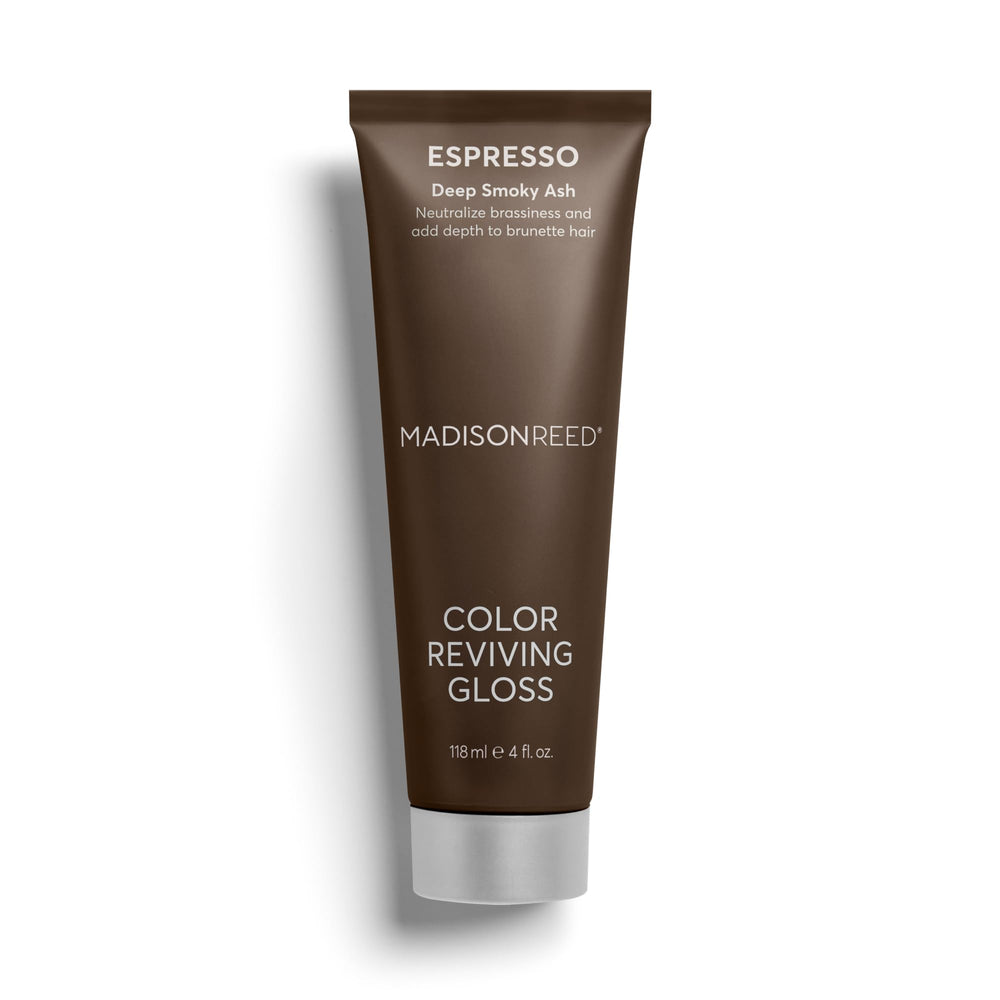 Madison Reed Brillo Revivificador de Color Espresso, botella derramando, realza tono castaño y brillo intenso