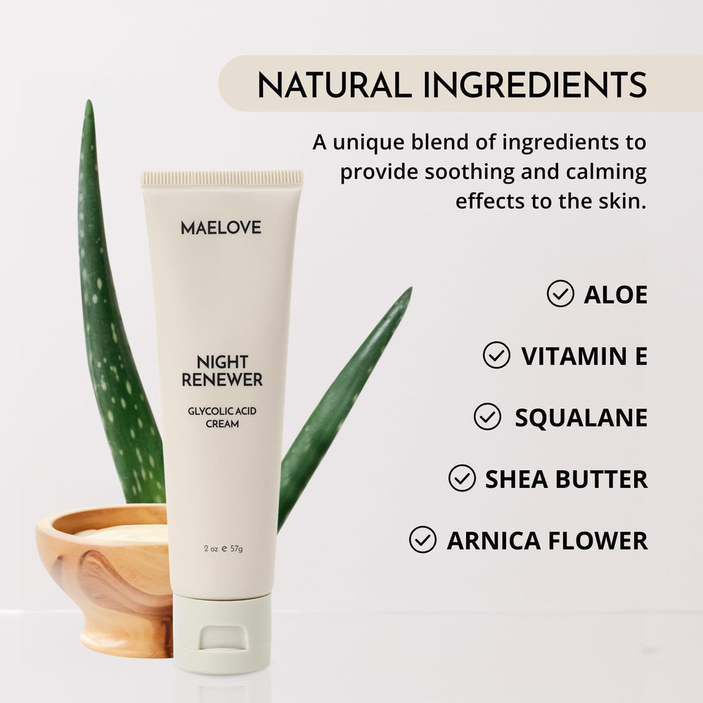 Maelove Renovador Nocturno, exfoliación suave 2 en 1 para la piel.