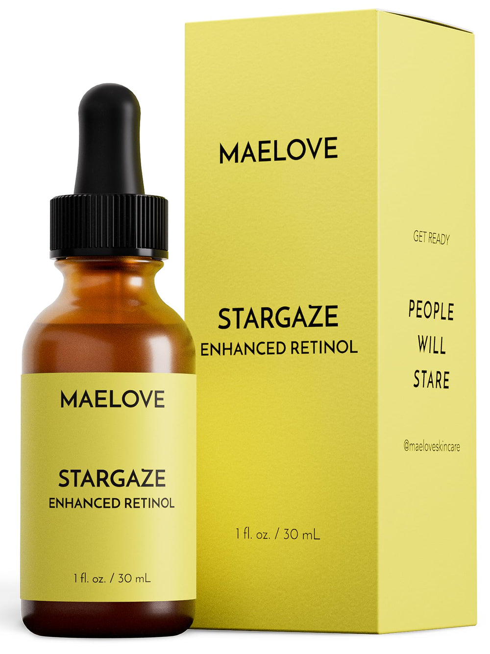 MAELOVE Stargaze Serum, bouteille élégante prête à éclaircir la peau et l'hydrater.