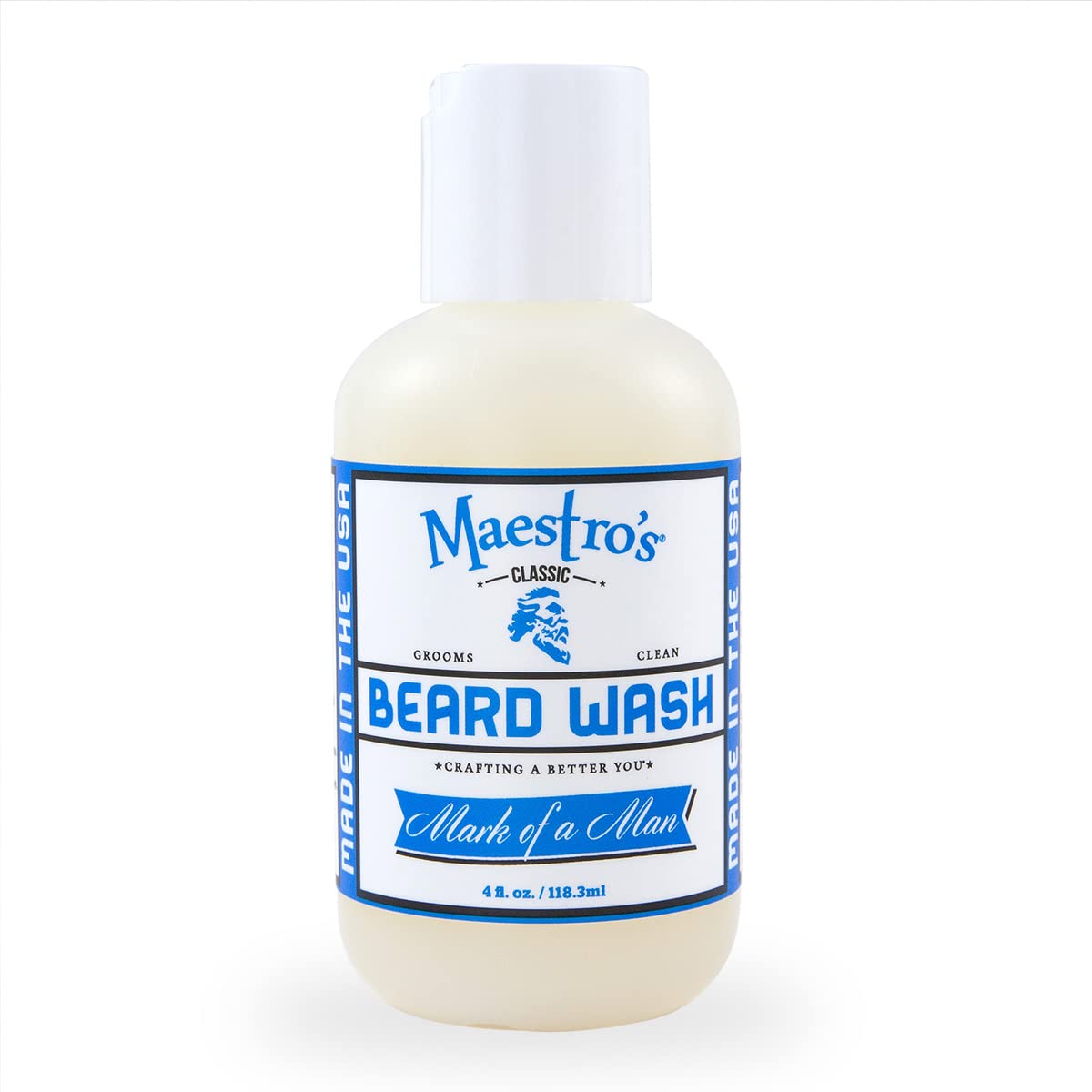 Limpiador de barba Maestro's Classic, botella frontal para una limpieza suave.