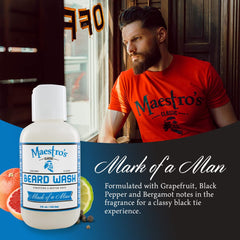 Limpiador de barba Maestro's Classic, etiqueta de fragancia con notas cítricas.