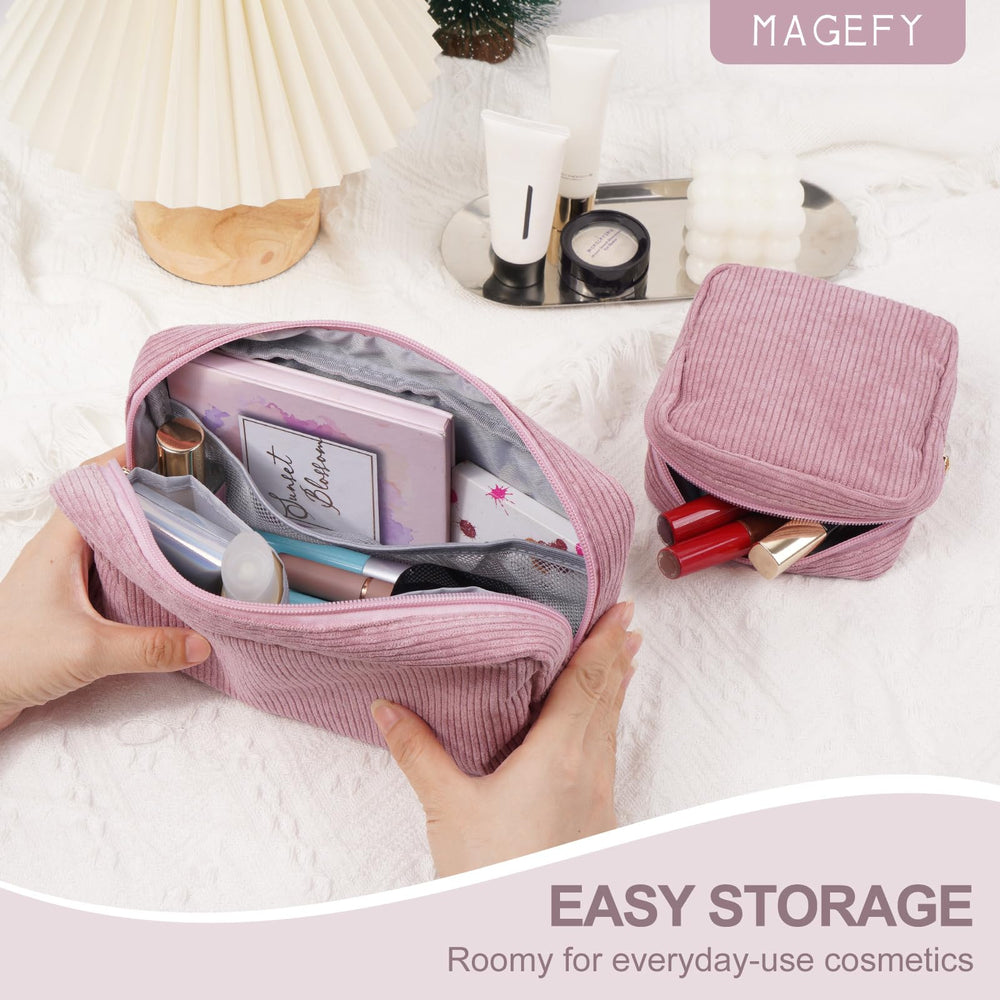 MAGEFY bolsa maquillaje pana rosa con bolsillos.