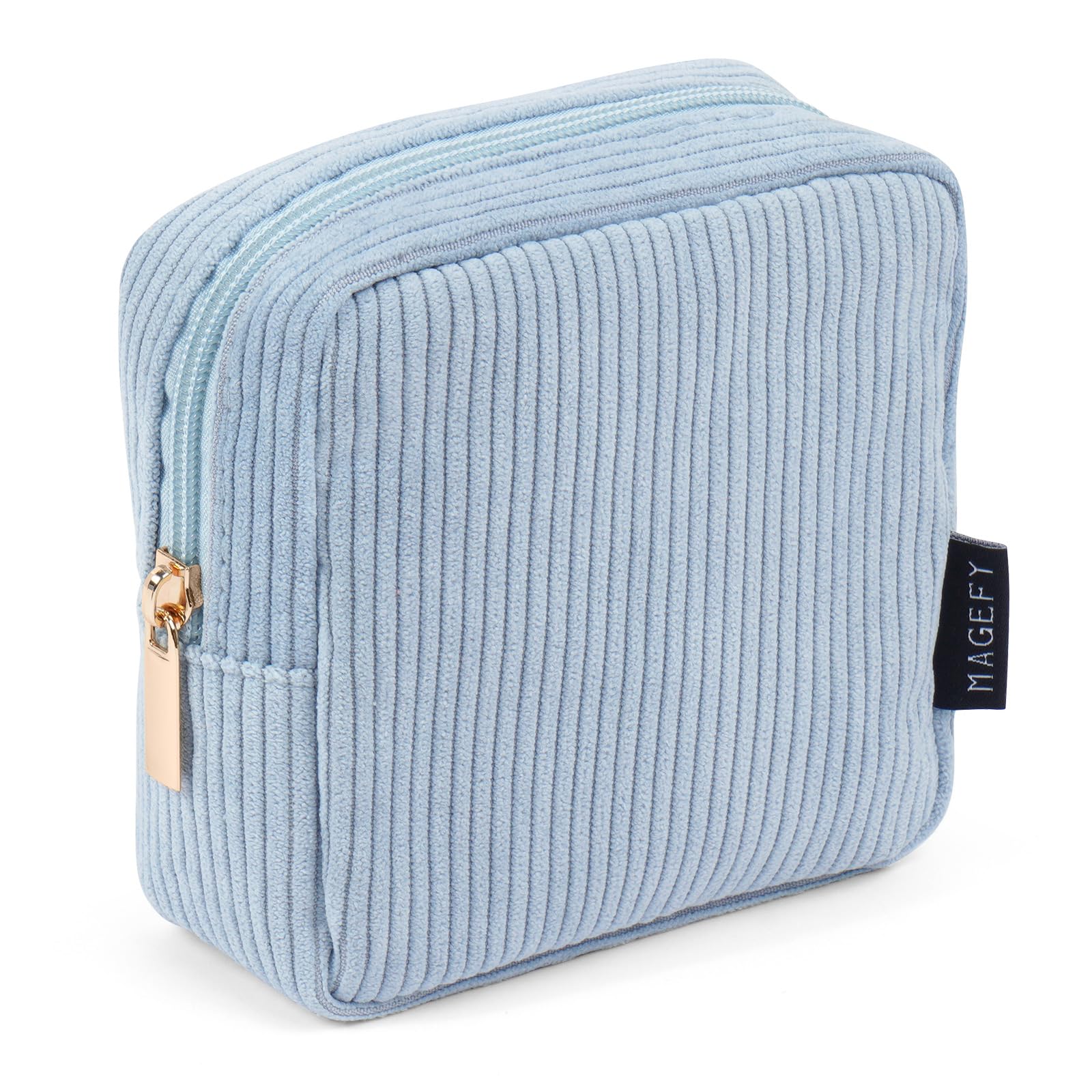 La bolsa MAGEFY de maquillaje pequeña azul, compacto para viaje y organización.