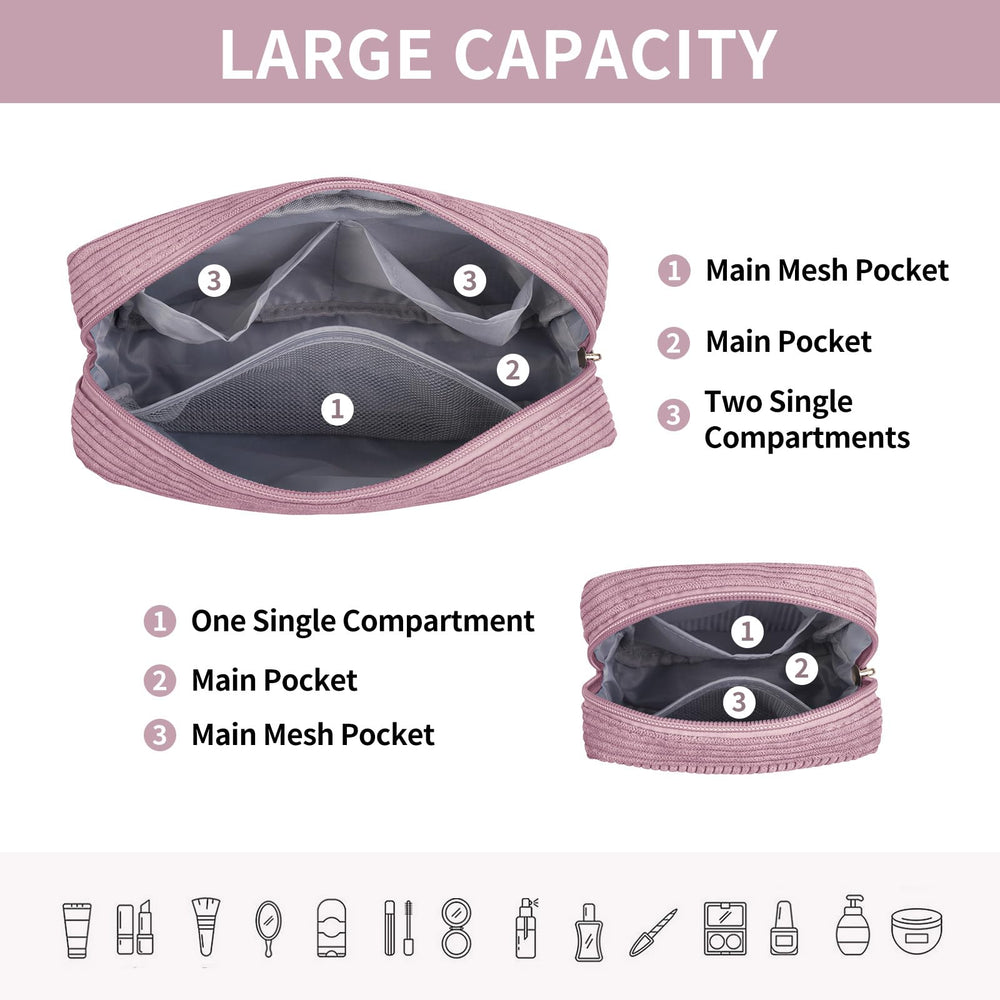 MAGEFY bolsa maquillaje portatil compacta rosa para viajes.