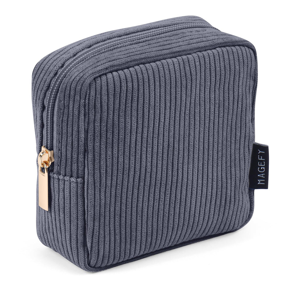 Bolso de maquillaje MAGEFY en pana gris oscuro, compacto para viaje.
