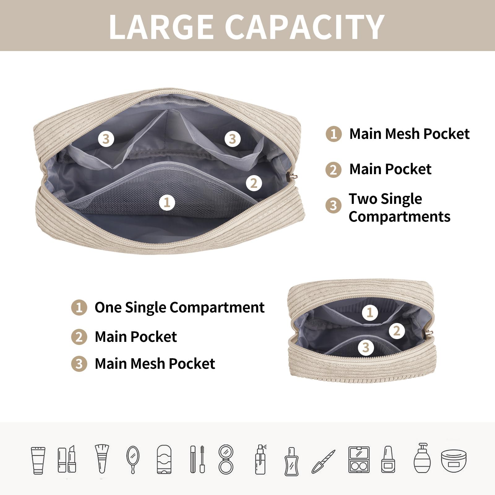 magefy estuche con bolsillos interiores dobles para separar brochas y labiales.
