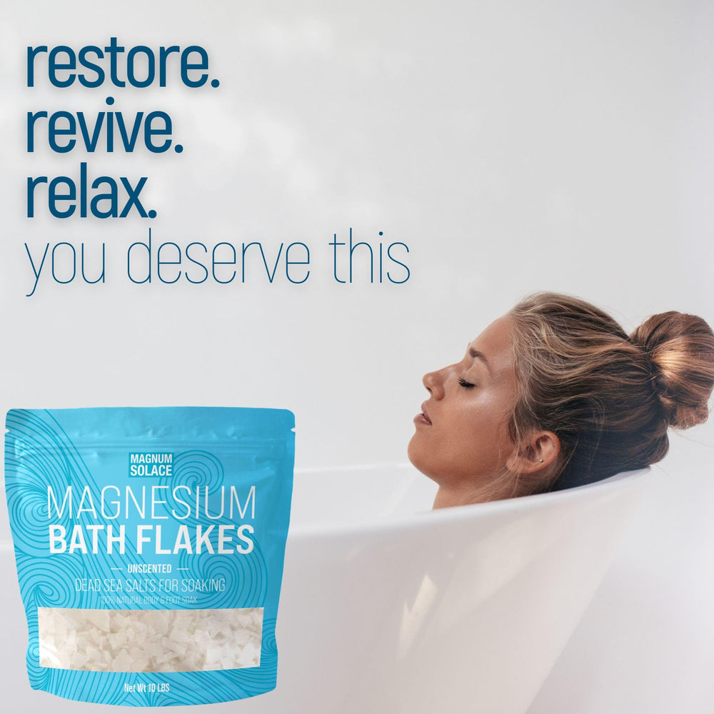 Magnum Solace envase copos magnesio para baño, fácil de almacenar