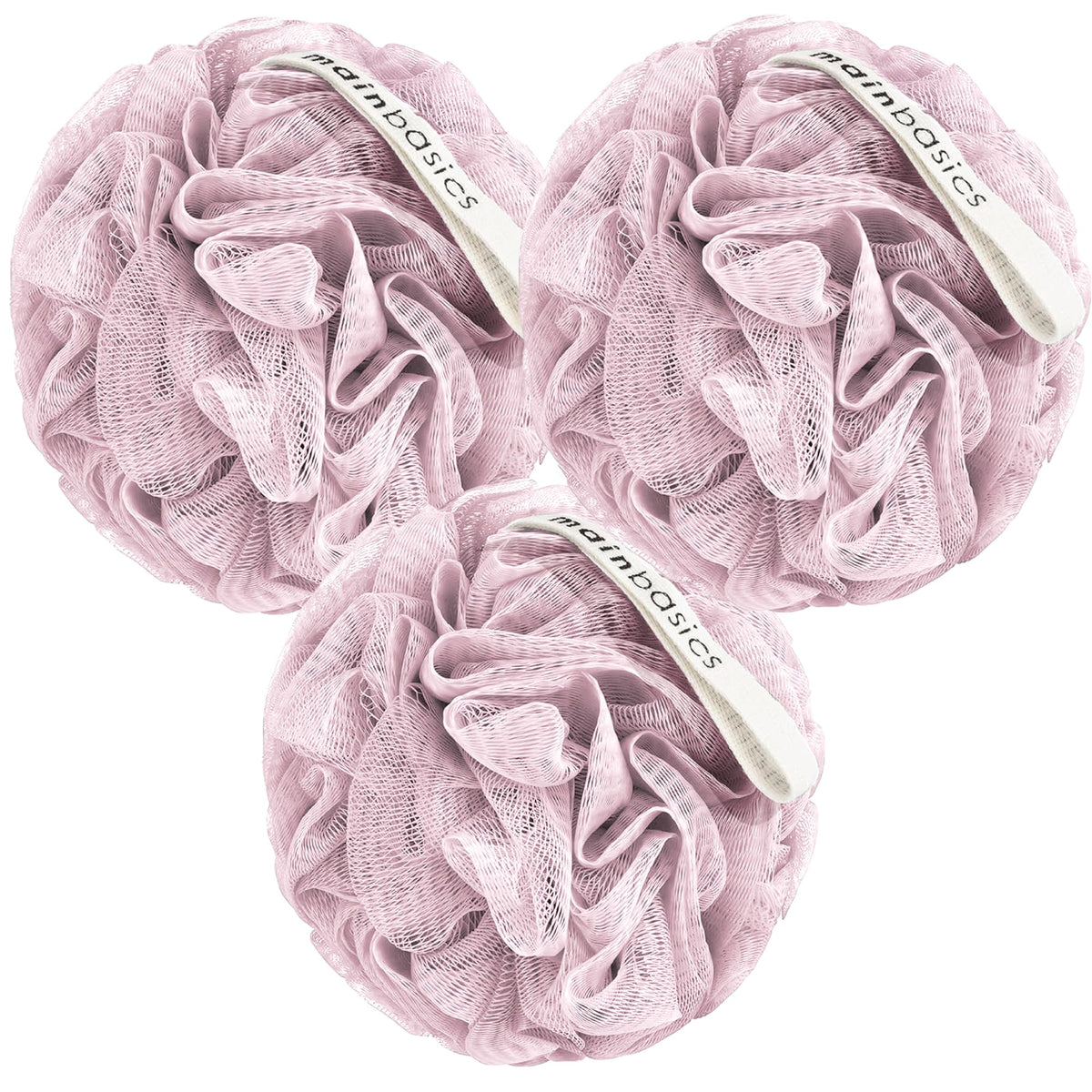 MainBasics lufa-ducha-set-3-rosa-textura-finamente-malla ofrece limpieza suave gracias a la malla fina.