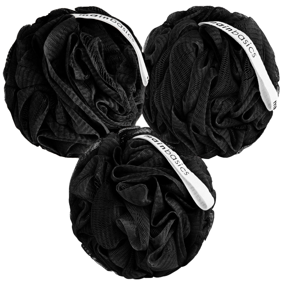 MainBasics lufa de ducha tres piezas negras con exfoliación suave para piel sensible.