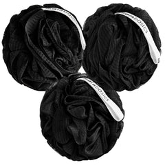 MainBasics lufa de ducha tres piezas negras con exfoliación suave para piel sensible.