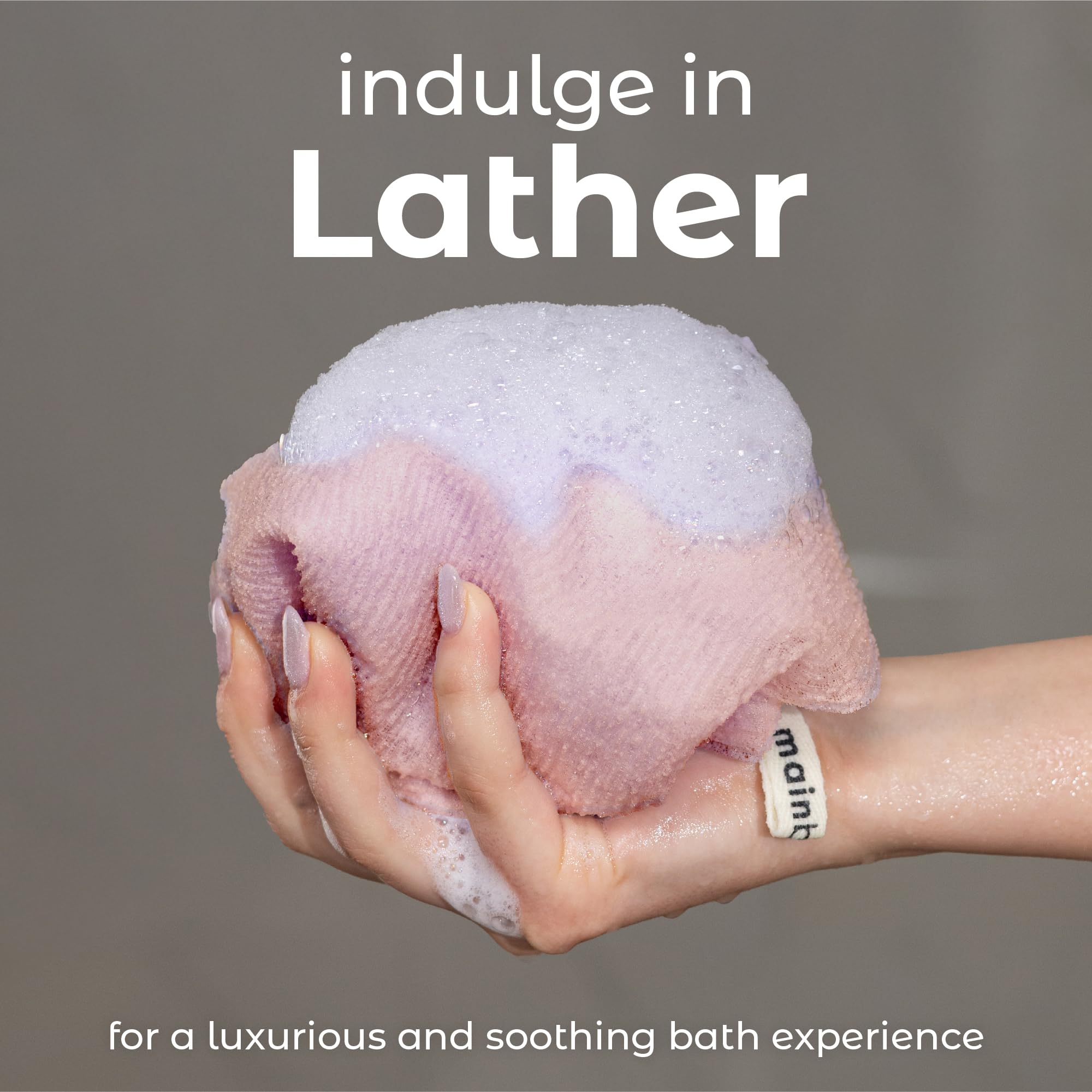 MainBasics toalla exfoliante para ducha, diseño de secado rápido y cuerdas para colgar.