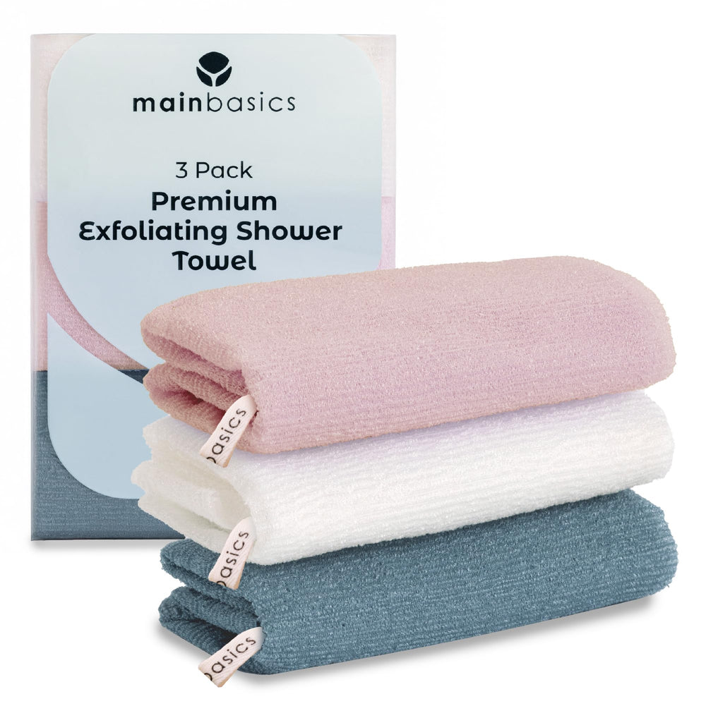 MainBasics toalla exfoliante para ducha, vista frontal, limpieza profunda de la piel.