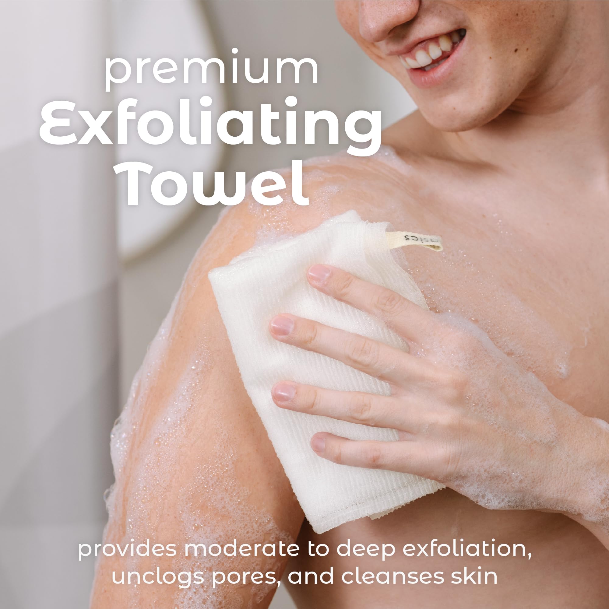 MainBasics toalla exfoliante para ducha, textura detallada para exfoliar suavemente.