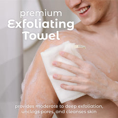 MainBasics toalla exfoliante para ducha, textura detallada para exfoliar suavemente.