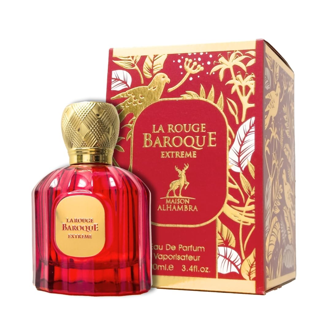 Maison Alhambra Baroque Rouge Extrait, cierre dorado, detalle de lujo para la experiencia sensorial.