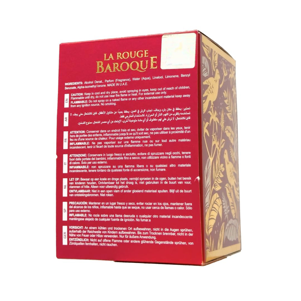 Maison Alhambra Baroque Rouge Extrait, presentación de colección, frasco y etiqueta de lujo.