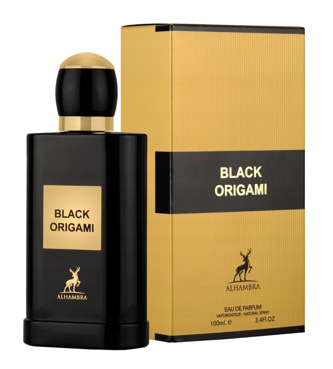 Maison Alhambra Black Origami: botella vertiendo, fragancia duradera para ocasiones nocturnas y eventos especiales.