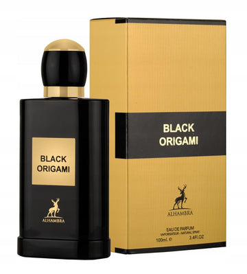 Maison Alhambra Black Origami: botella vertiendo, fragancia duradera para ocasiones nocturnas y eventos especiales.