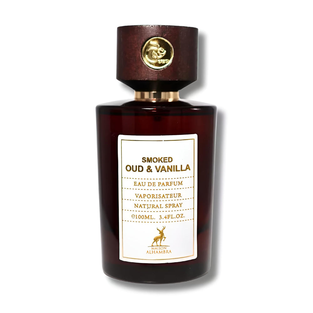 Maison Alhambra Oud ahumado y vainilla en botella, ideal para noches especiales.