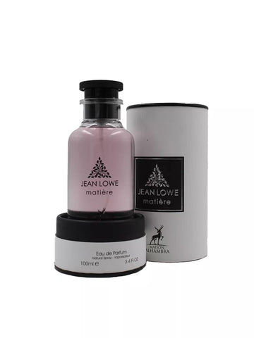 Maison Alhambra Jean Lowe Matiere, detalle frasco que sugiere aroma envolvente para noches memorables.