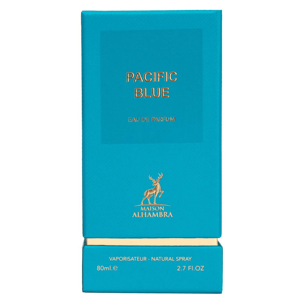Maison Alhambra Pacific Blue EDP: etiqueta distintiva para colección premium.