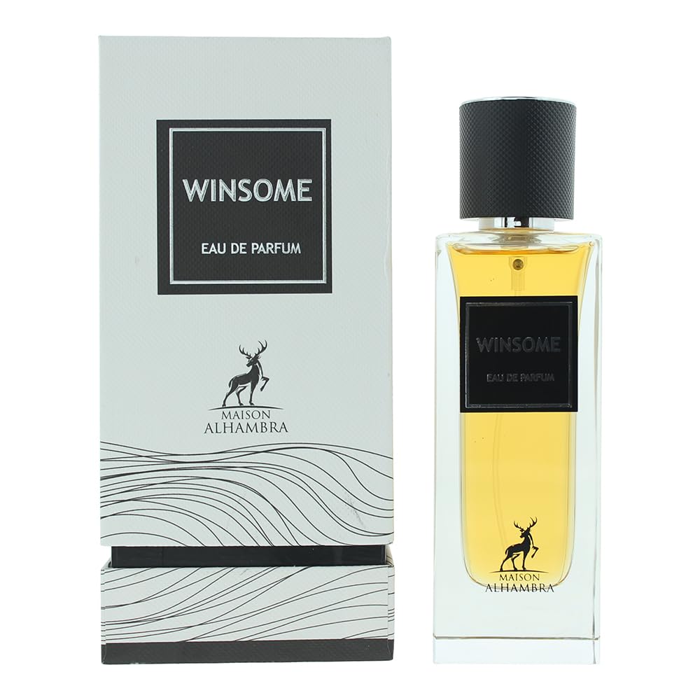 Maison Alhambra Winsome EDP frasco visto de frente, fragancia oriental de larga duración