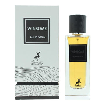 Maison Alhambra Winsome EDP frasco visto de frente, fragancia oriental de larga duración