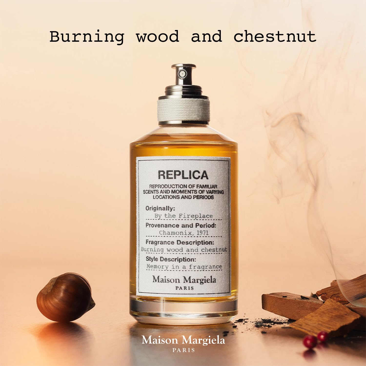 Maison Margiela Replica ambiente invernal con luz cálida: sensación hogareña aromática.